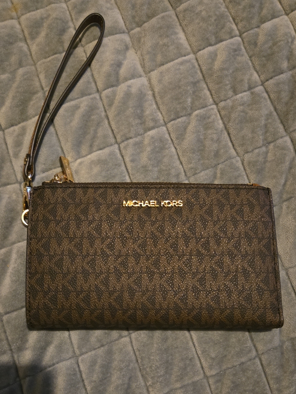 Michael Kors Brown Logo-Print Wristlet Clutch with Gold Hardware